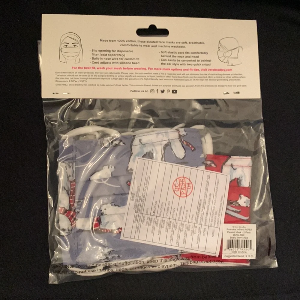 Vera Bradley adult face masks beary merry red 2 pack NWT